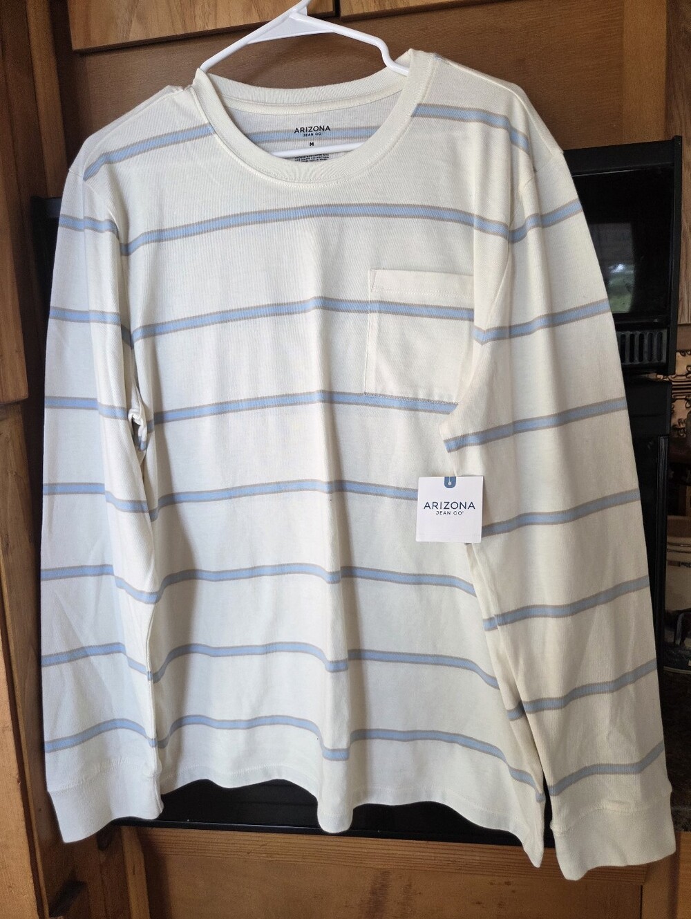 NWT Arizona Jean Co. Striped Pocket Tee in Cream and Light Blue Long Sleeved